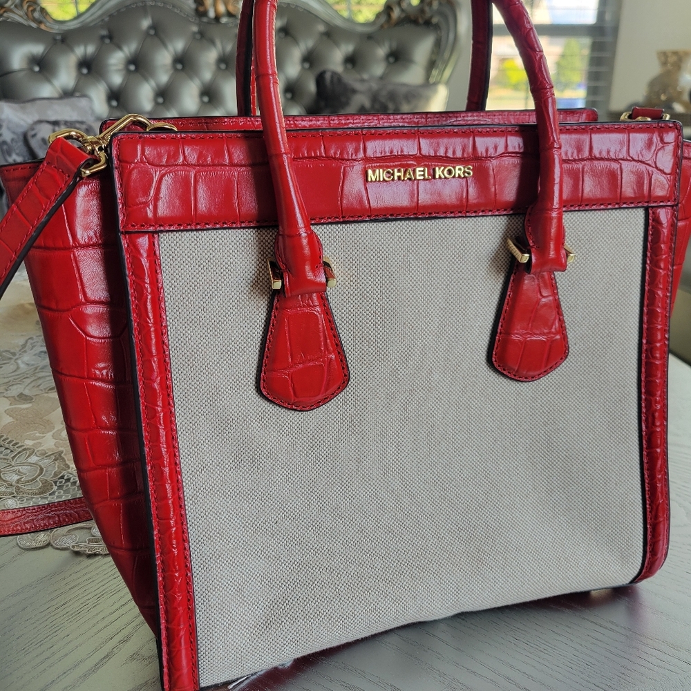 Michael Kors SATCHEL Shoulder Bag Purse Logo Leather Red-Beige-Gold